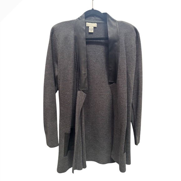 Doncaster Sweaters - Doncaster Gray 100% Wool Open Front Cardigan Sweater faux Leather Trim Pockets M